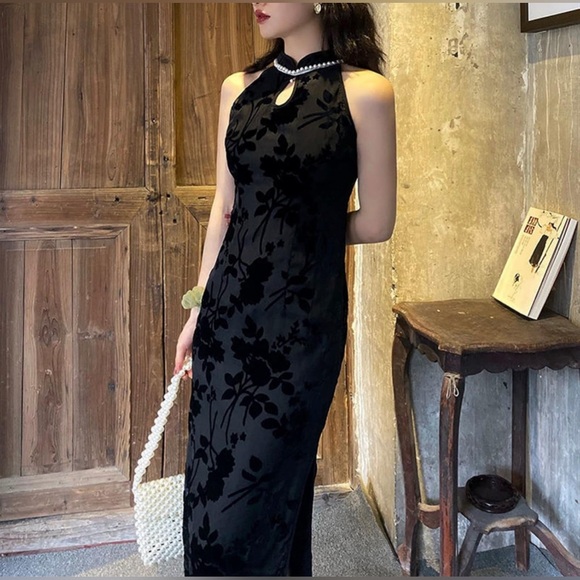 Pearl Collar Sleeveless Improved Cheongsam Mid-Length Slim Flocking Dress - Picture 6 of 9